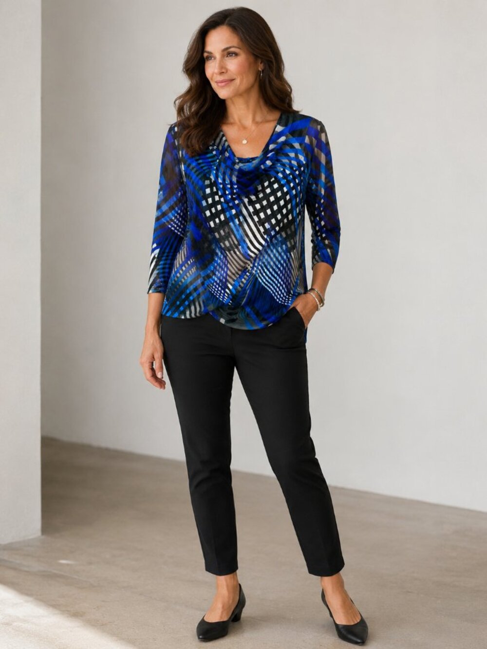Yansi Fugel Abstract Blue Geometric Tunic Top Women’s Size S Draped Cowl Neck